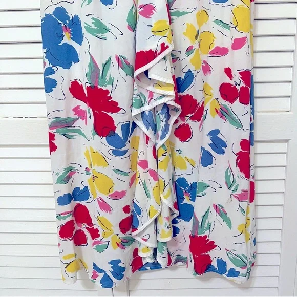 Rixo white Floral multicolored Mock Neck Cascade Ruffle Dress short sleeves sz 6 - Picture 8 of 16